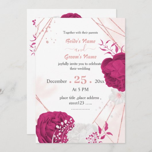 Invitation mariage géométrique des fleurs blanches fuchsia (Devant / Derrière)
