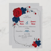 Invitation mariage géométrique des fleurs rouges et marines (Devant / Derrière)