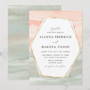 Invitation Mariage Géométrique Doré Aquarelle Rose et Sauge
