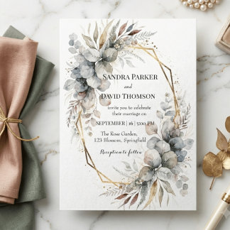 Invitation Mariage géométrique doré avec végétation aquarelle