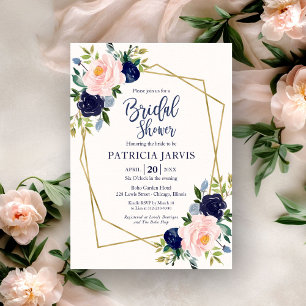 Invitation Mariage géométrique doré bleu marine floral