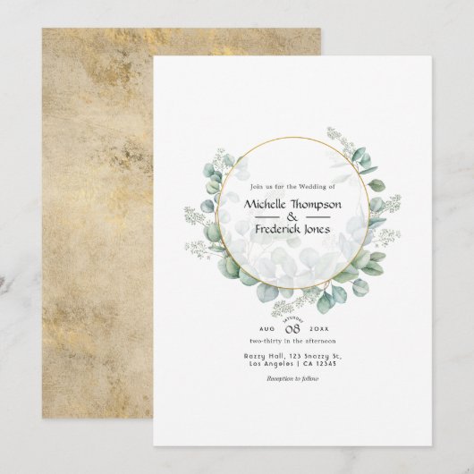 Invitation Mariage géométrique doré Eucalyptus (Devant / Derrière)