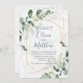 Invitation Mariage géométrique doré Eucalyptus en marbre (Devant / Derrière)