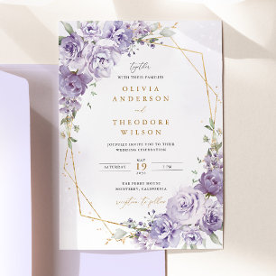 Invitation Mariage Géométrique Doré Floral Lavande