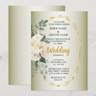 Invitation Mariage Géométrique Doré Floral Rose Feuilles Vert