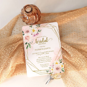 Invitation Mariage géométrique doré rose poudré floral