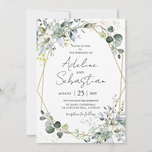 Invitation Mariage géométrique du feuillage Eucalyptus d'or v (Devant)