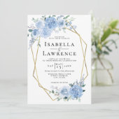 Invitation Mariage géométrique Dusty Blue Light Floral Gold (Debout devant)