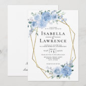 Invitation Mariage géométrique Dusty Blue Light Floral Gold (Devant / Derrière)