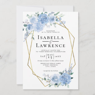 Invitation Mariage géométrique Dusty Blue Light Floral Gold