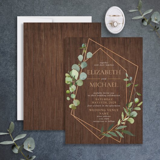 Invitation Mariage géométrique en bois de cuivre rustique Euc