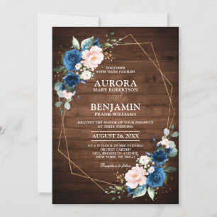 Invitation Mariage géométrique en bois rustique bleu marine