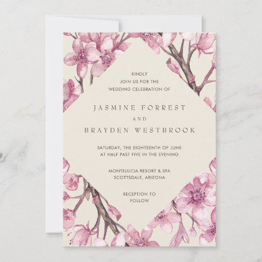 Invitation Mariage géométrique en fleurs de cerisier rose mod (Devant)