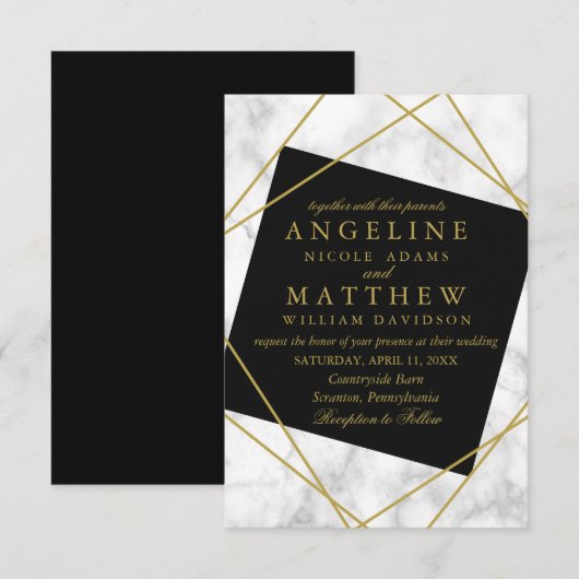 Invitation Mariage géométrique en marbre noir et or Faux (Devant / Derrière)