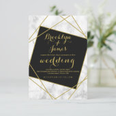 Invitation Mariage géométrique en marbre noir et or Faux (Debout devant)