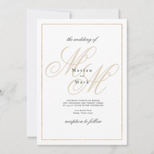 Invitation Mariage géométrique en or blanc monogramme (Devant)