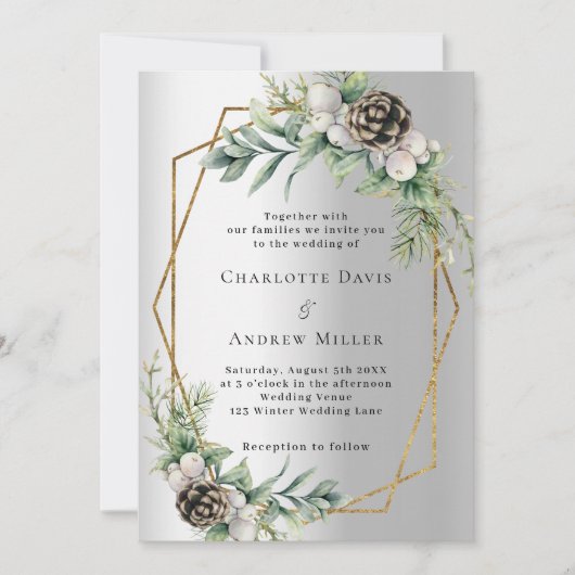 Invitation Mariage géométrique en pin cône argenté verdure or (Devant)