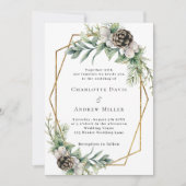 Invitation Mariage géométrique en pin cône vert or (Devant)