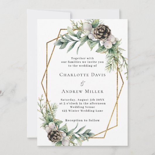 Invitation Mariage géométrique en pin cône vert or (Devant)