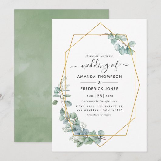 Invitation Mariage géométrique eucalyptus (Devant / Derrière)