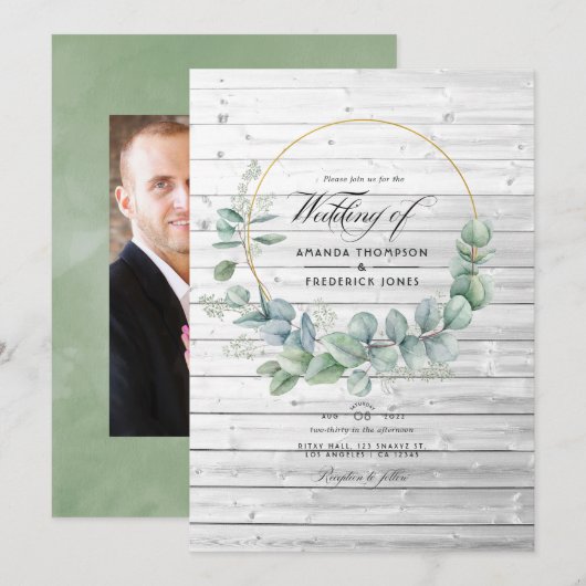 Invitation Mariage géométrique eucalyptus de grange rustique (Devant / Derrière)