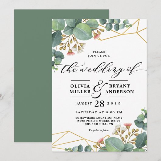Invitation Mariage géométrique Eucalyptus Gold (Devant / Derrière)