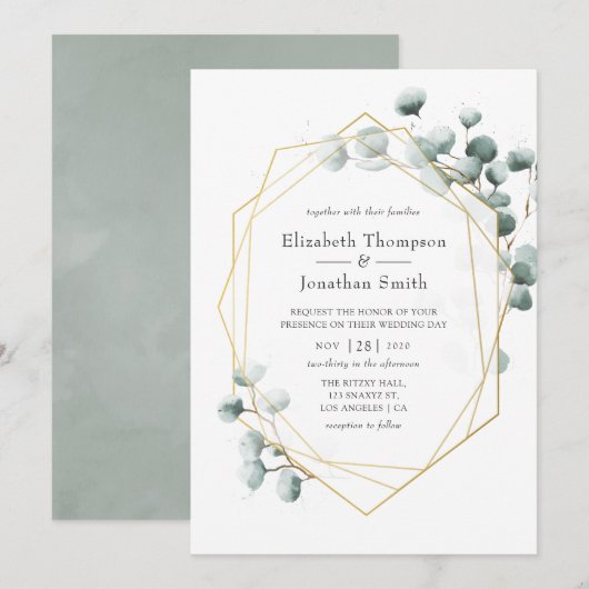 Invitation Mariage géométrique Eucalyptus Silver Sage (Devant / Derrière)