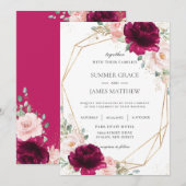 Invitation Mariage géométrique Fleur rose rose pâle framboise (Devant / Derrière)