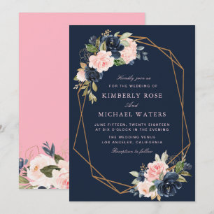 Invitation Mariage géométrique fleuri rose marine