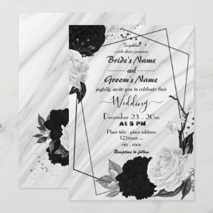 Invitation mariage géométrique floral blanc et noir