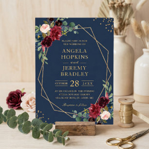 Invitation Mariage géométrique floral bleu marine et bordeaux