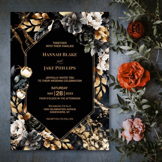 Invitation Mariage géométrique Floral d'or noir