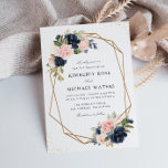 Invitation Mariage géométrique floral et floral marine<br><div class="desc">Un design floral bleu marine et rougissant avec un cadre géométrique avec du texte au milieu. Le bleu rose et les fleurs bleu marine sont parfaits pour vos thèmes estivaux et mariages de automne. Vous pouvez modifier le libellé, la taille du texte, la couleur et la police de ce modèle....</div>