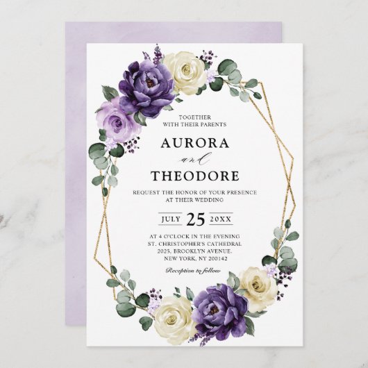 Invitation Mariage géométrique Floral Plum violet or ivoire (Devant / Derrière)