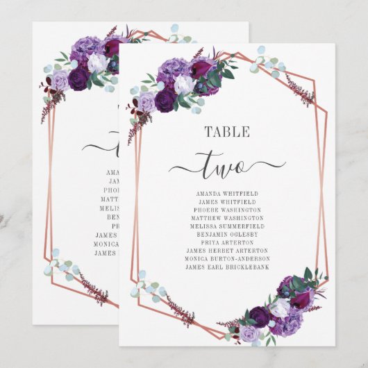 Invitation Mariage géométrique floral pourpre Numéros de tabl (Devant / Derrière)
