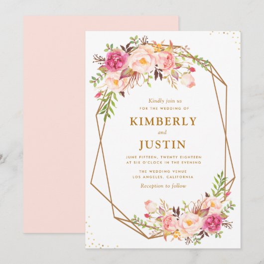 Invitation mariage géométrique floral rose roux romantique (Devant / Derrière)