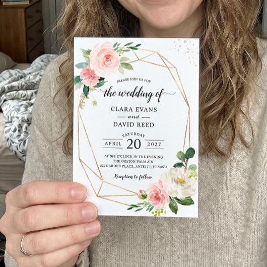 Invitation Mariage Géométrique Floral Rose Simplement Élégant