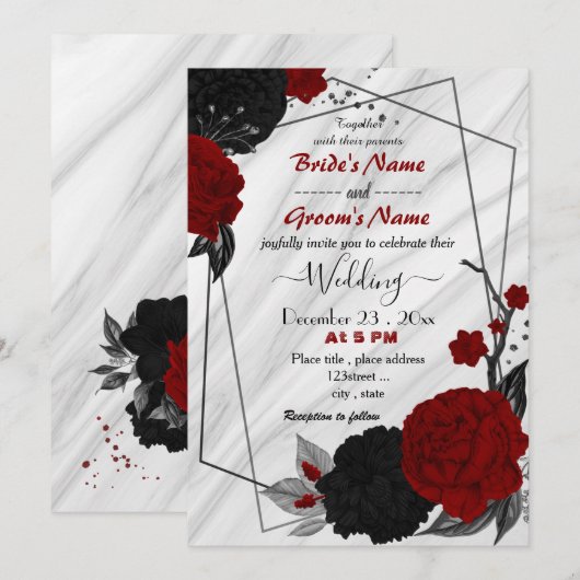 Invitation mariage géométrique floral rouge et noir (Devant / Derrière)