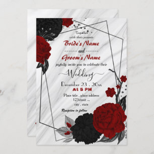 Invitation mariage géométrique floral rouge et noir