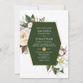 Invitation Mariage géométrique floral vert foncé et or (Devant)