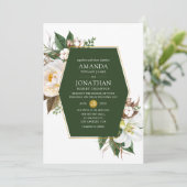 Invitation Mariage géométrique floral vert foncé et or (Debout devant)