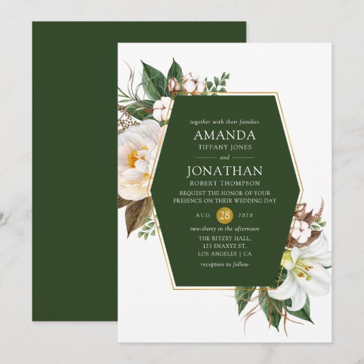 Invitation Mariage géométrique floral vert foncé et or (Devant / Derrière)