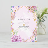 Invitation Mariage géométrique Floral violet et or (Debout devant)