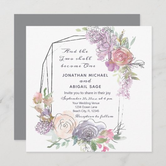 Invitation Mariage géométrique floral violet rose pâle (Devant / Derrière)