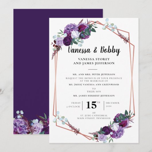 Invitation Mariage Géométrique Floral Violet Script (Devant / Derrière)