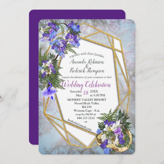 Invitation Mariage géométrique Gold & Jacaranda Fleurs (Devant / Derrière)