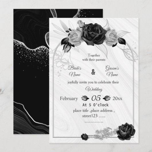 Invitation mariage géométrique gris argenté et noir (Devant / Derrière)