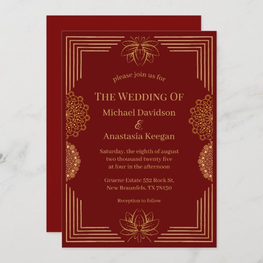 Invitation mariage géométrique indien rouge moderne or  (Devant / Derrière)