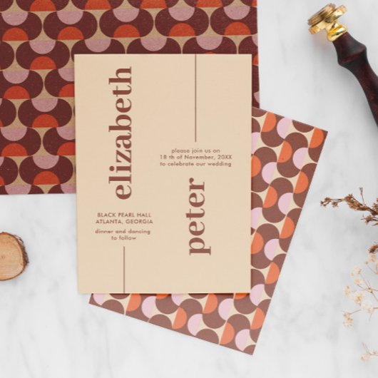 Invitation Mariage géométrique les années 70 rétro Brown supe