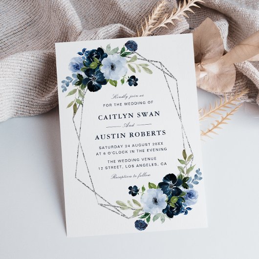 Invitation Mariage géométrique marine et bleu clair